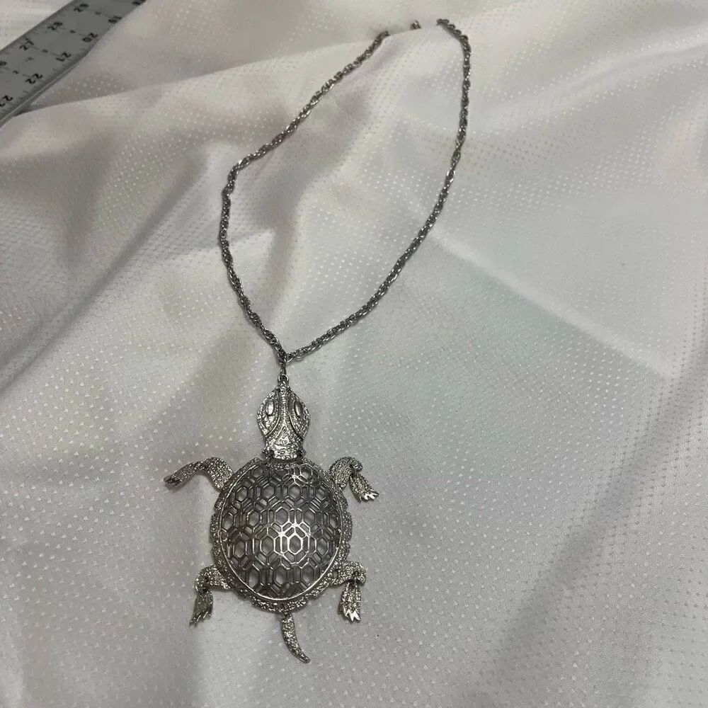 Turtle Articulated Pendant Necklace 3 Tiered Silver Tone Large Vintage